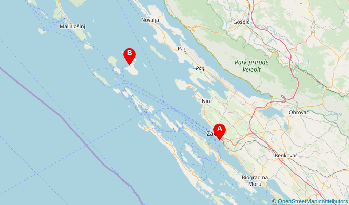 Map of ferry route between Zadar and Olib